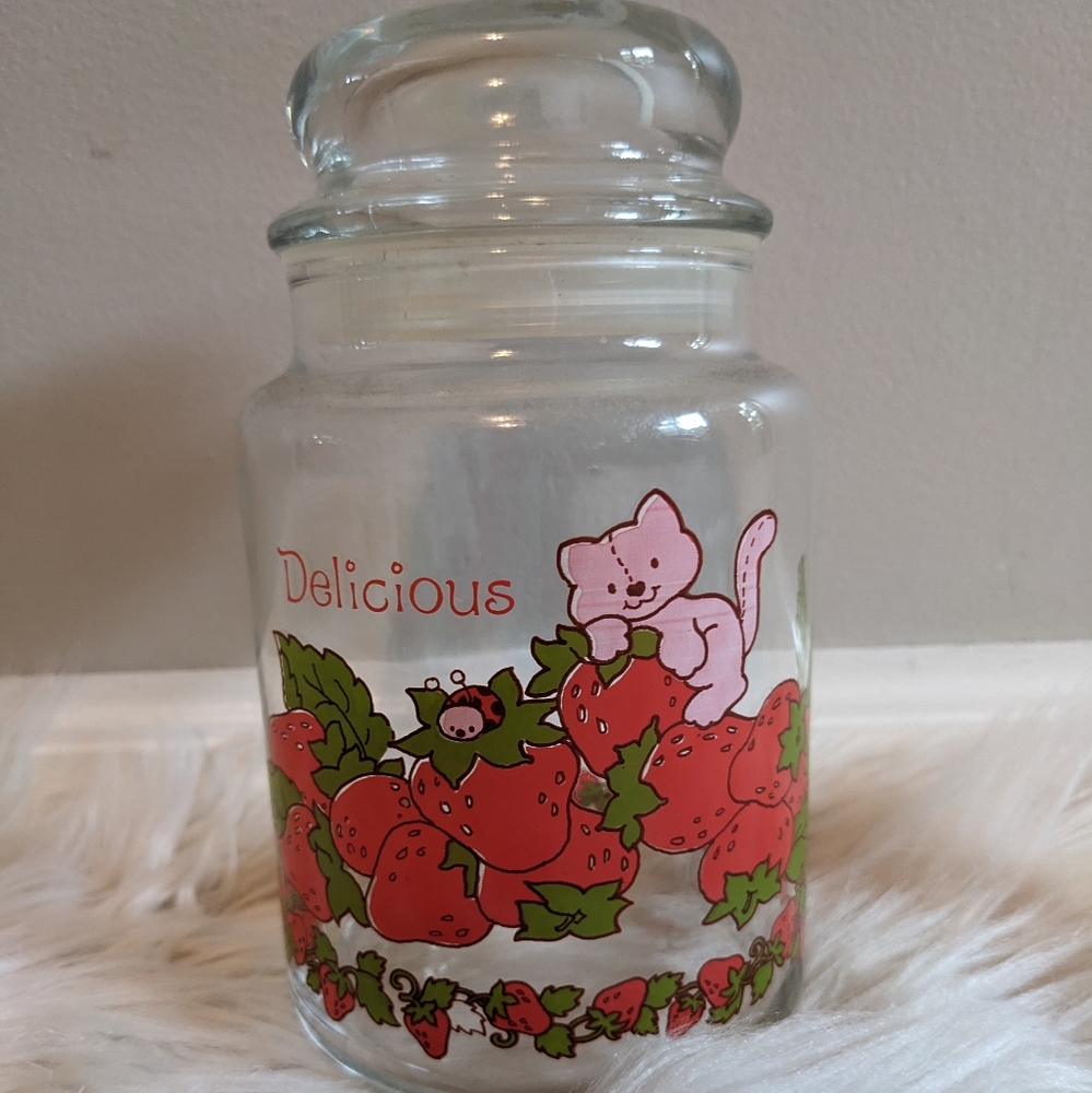 Vintage Strawberry Shortcake "Delicious" Glass Storage Jar With Lid
